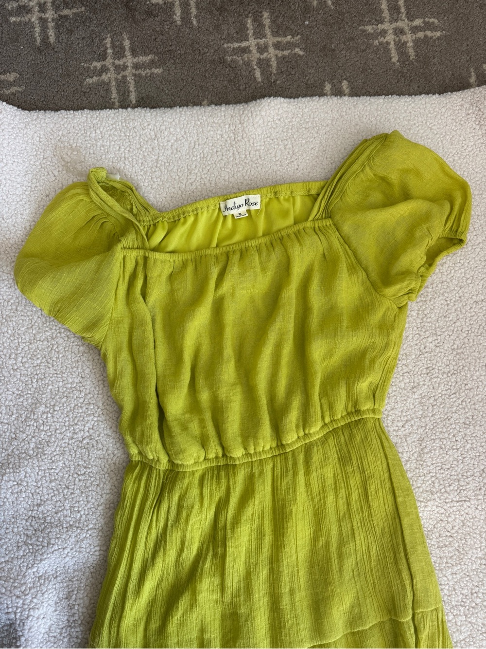 Indigo Rose Women’s Chartreuse Green Puff Sleeve Tiered Dress
